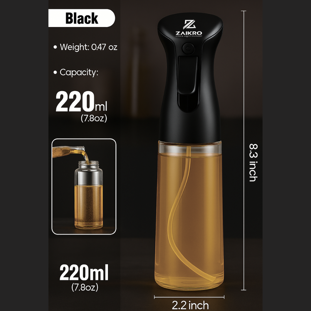 ZAIKRO Oil Sprayer Bottle for Cooking | 220ml Glass Oil Spray Bottle for Kitchen | Leak-Proof Refillable Dispenser for Air Fryer, Salad, Roasting & Frying - Image 2