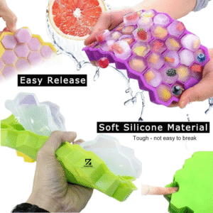 Flexible Silicone Honeycomb Ice Cube Tray (Pack of 2) | 37 Cavity Small Ice Mould for Freezer | Soft Ice Cube Maker for Whiskey, Bar, Fridge, Beverages – BPA Free & Reusable (Multicolor)