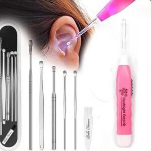 Ear Wax Cleaner 6pcs With Storage Box with Led Ear cleaner, Reusable, Stainless Steel, wax Remover Tool Kit with Curette Cleaner and Bud Cleaner