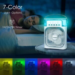 Portable Mini Air Cooler for Room Cooling | Arctic Mini AC Fan with 7-Color LED Light, 3 Wind Speeds, 3 Spray Modes, Timer (1/2/3 H) | Ideal for Office, Home, Dorm & Travel (Multicolor)