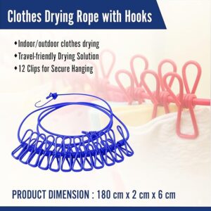 Cloth Drying Rope with 12Hooks , Outdoor Cloth Drying Line, Cloth Rope with Clips, Cloth Hanging Rope, Cloth Hanging Stand (Multicolor)