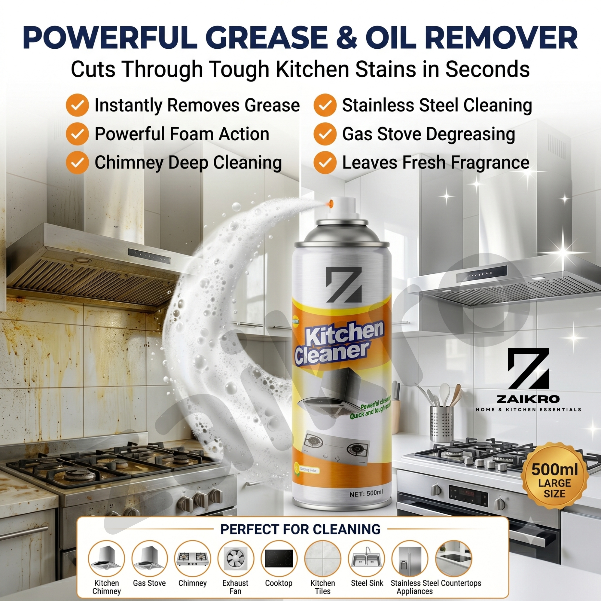 ZAIKRO Bubble Foam Cleaner Spray – Kitchen & Chimney Degreaser (500ml) - Image 2