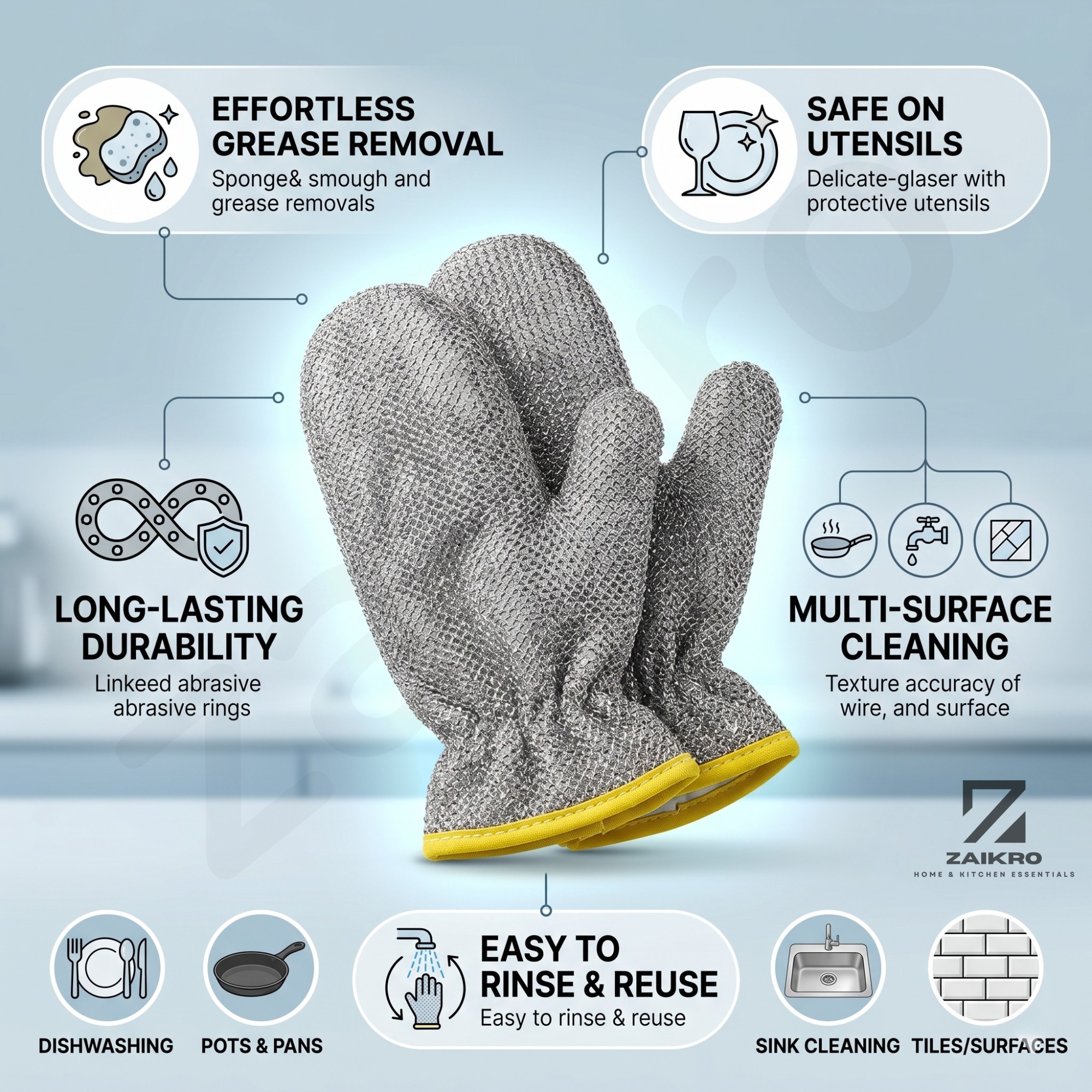 Silver Wire Dishwashing Gloves – Reusable Scrubber Gloves (1 Pair) - Image 2