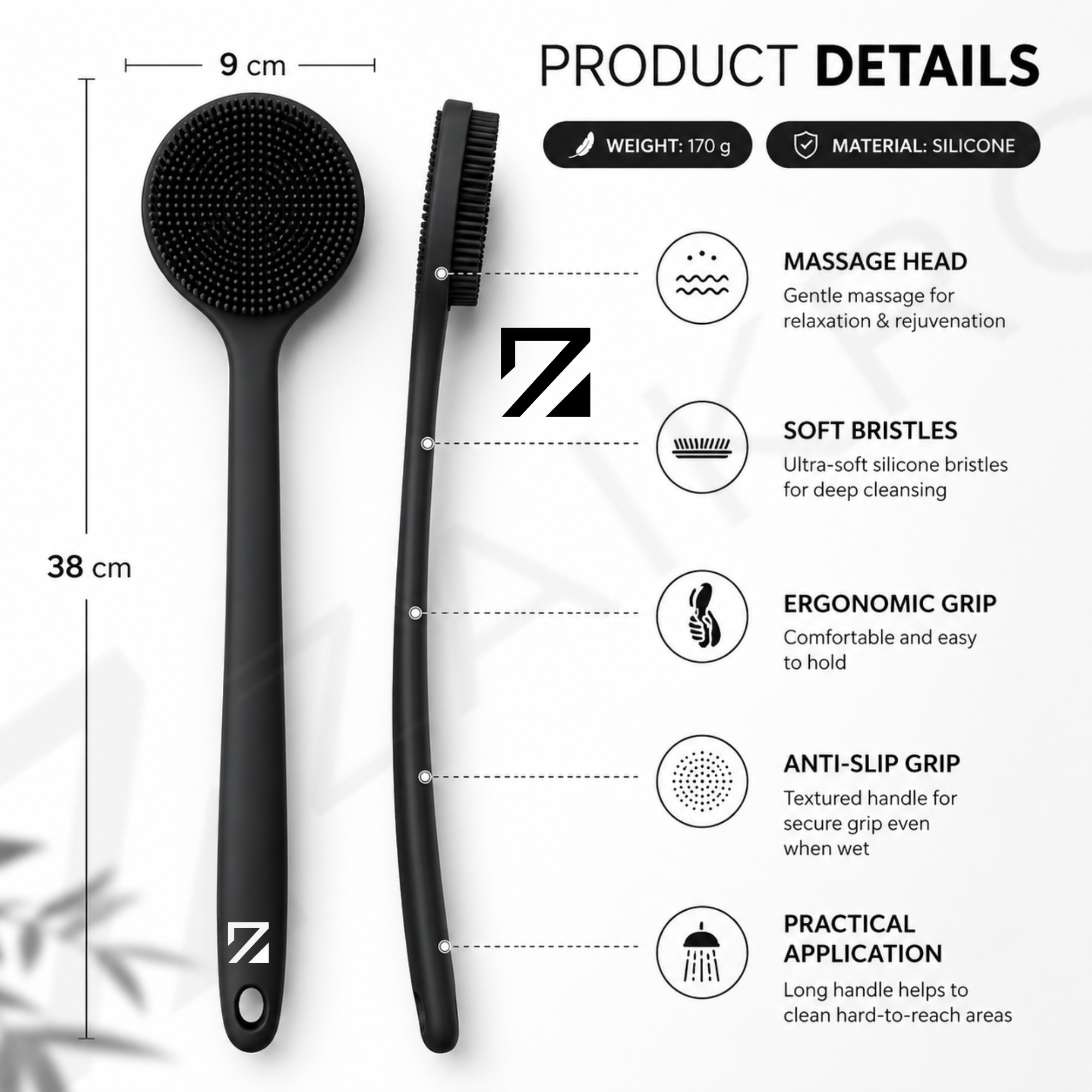 Silicone Body & Back Massage Brush – Long Handle Bath Brush - Image 2