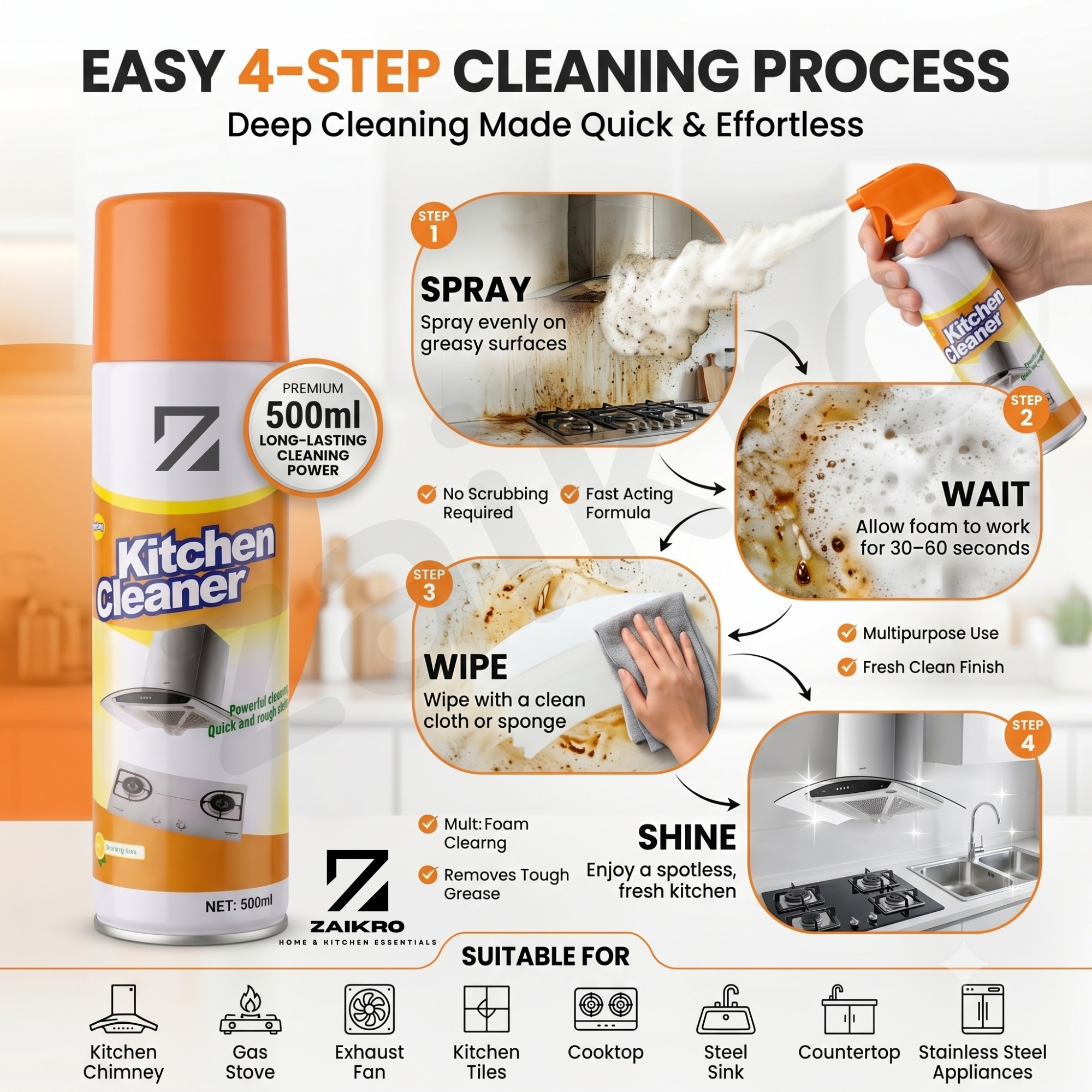 ZAIKRO Bubble Foam Cleaner Spray – Kitchen & Chimney Degreaser (500ml) - Image 3