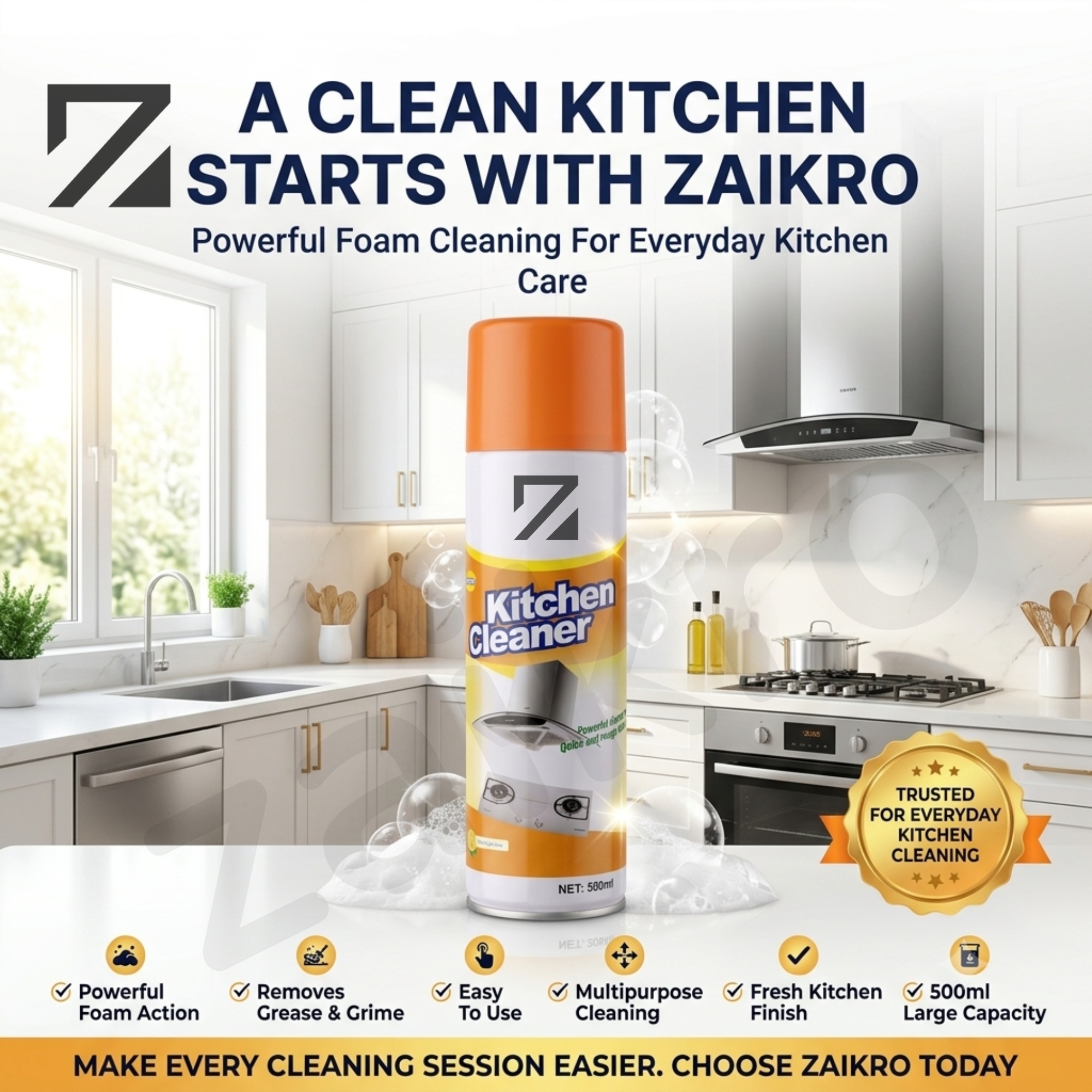 ZAIKRO Bubble Foam Cleaner Spray – Kitchen & Chimney Degreaser (500ml) - Image 4