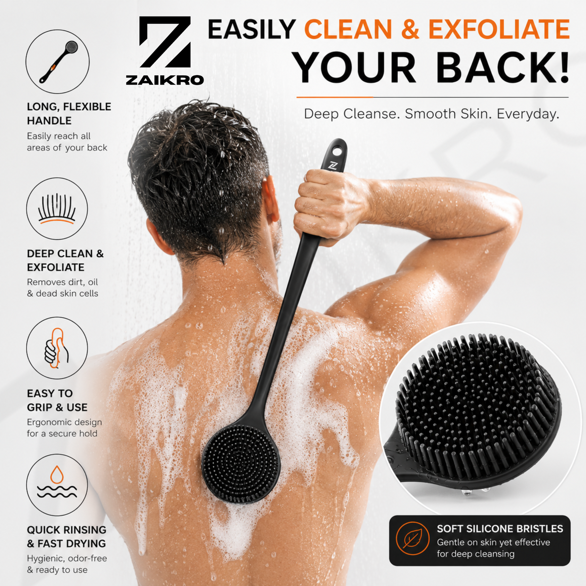 Silicone Body & Back Massage Brush – Long Handle Bath Brush - Image 5