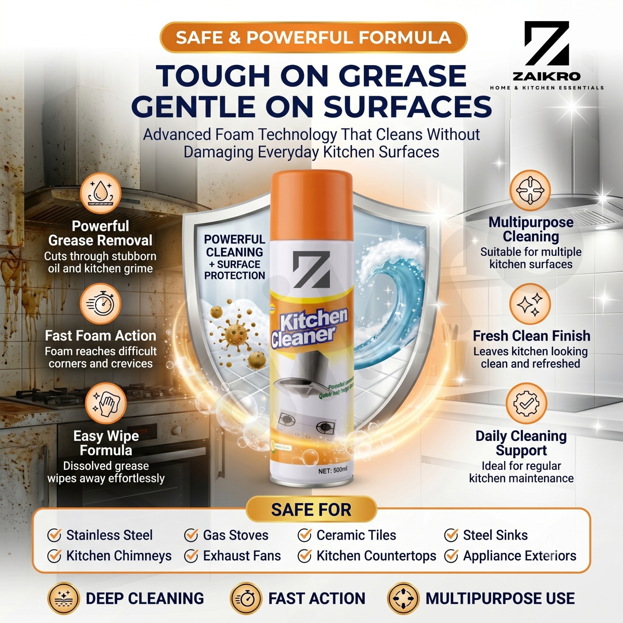 ZAIKRO Bubble Foam Cleaner Spray – Kitchen & Chimney Degreaser (500ml) - Image 6