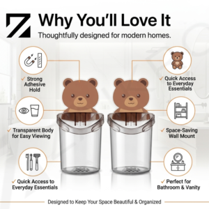 Wall Mount Toothbrush Holder – Teddy Bear Design (Pack of 2)
