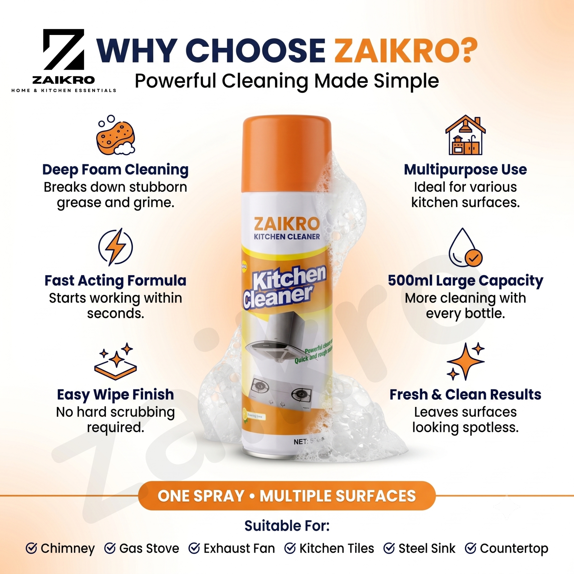 ZAIKRO Bubble Foam Cleaner Spray – Kitchen & Chimney Degreaser (500ml) - Image 7
