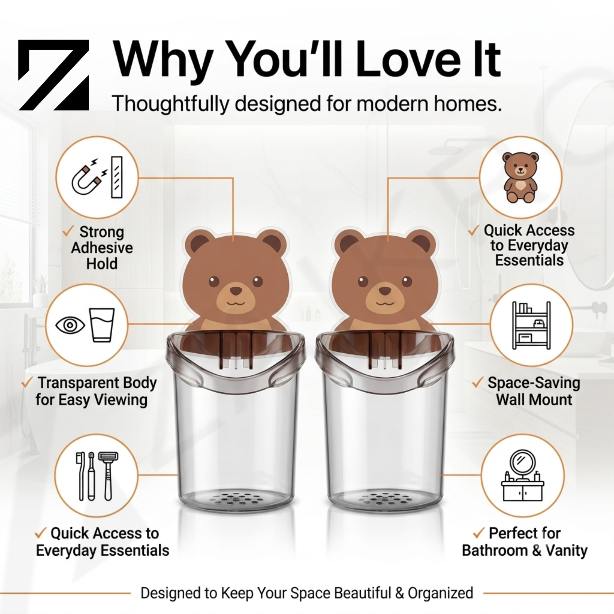 Wall Mount Toothbrush Holder – Teddy Bear Design (Pack of 2) - Image 7